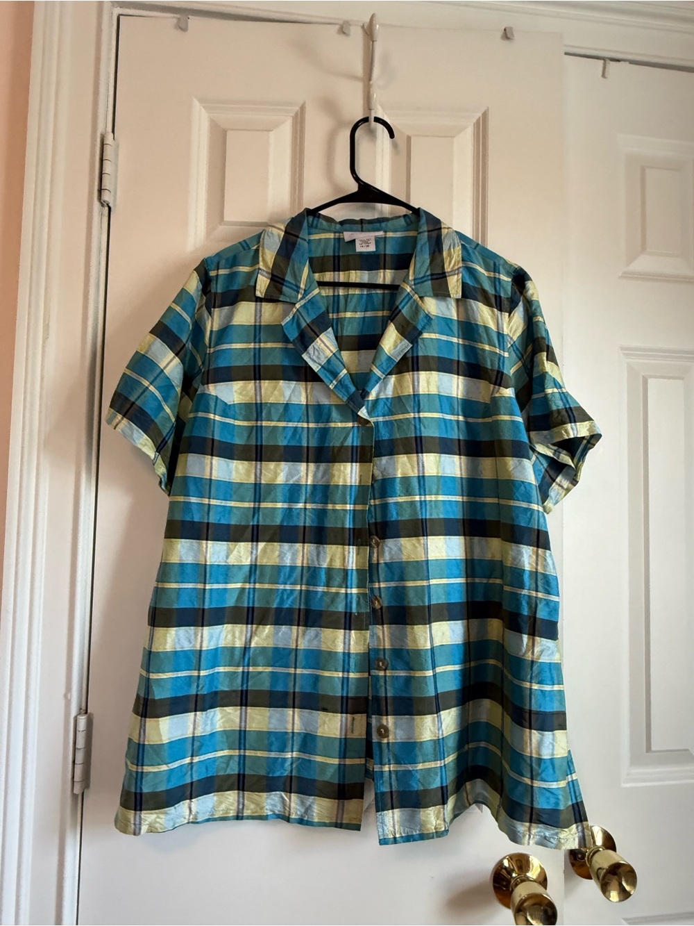 Avenue Blue and Green Plaid Short-Sleeve Button-Down Shirt